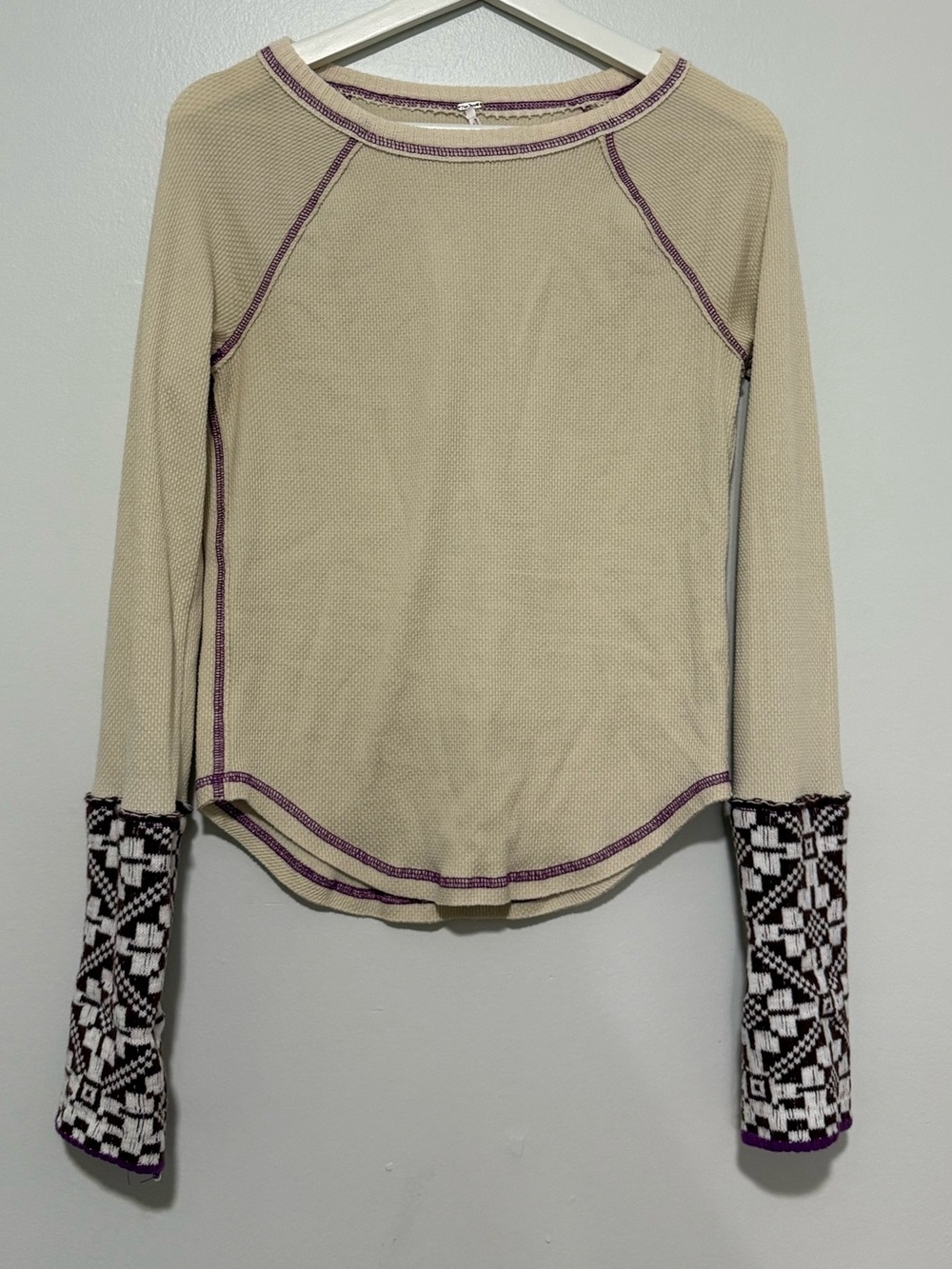 Free People Beige Long Sleeve Thermal Top with Patterned Cuffs